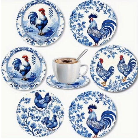 Onderzetters met Haan blauw afbeeldingen, Hout, Glasonderzetter, Stapelbaar, Nieuw