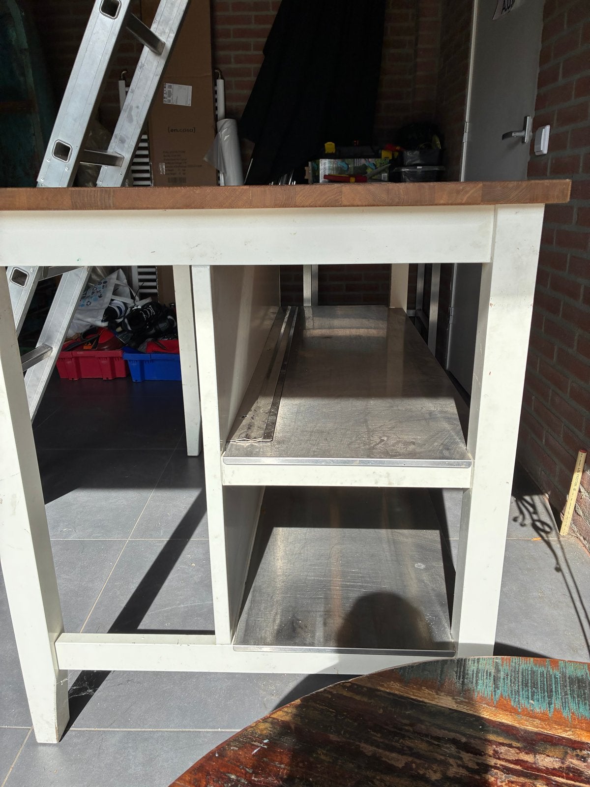 Houten keukeneiland met opbergruimte - 126x80x90 cm, Gebruikt, 50 tot 100 cm, 100 tot 150 cm, Tot twee personen