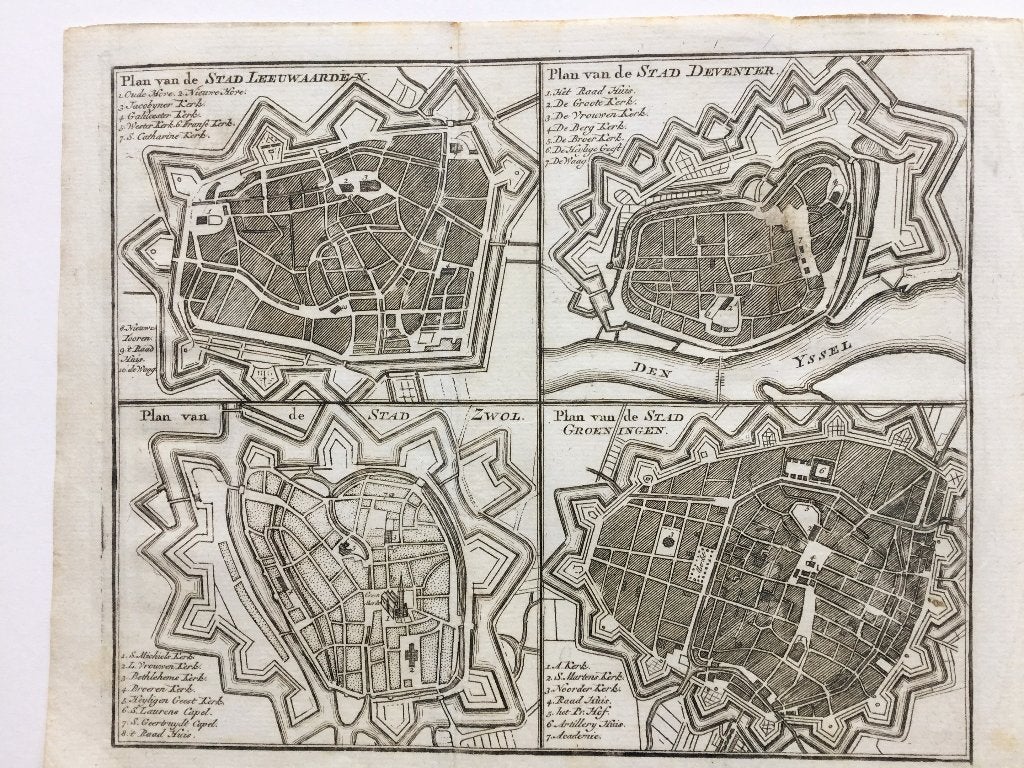 Leeuwarden, Deventer, Zwolle en Groningen, 1740, Antiek en Kunst, Cartografie, Blanco verso, 1700 - 1799, 26 cm