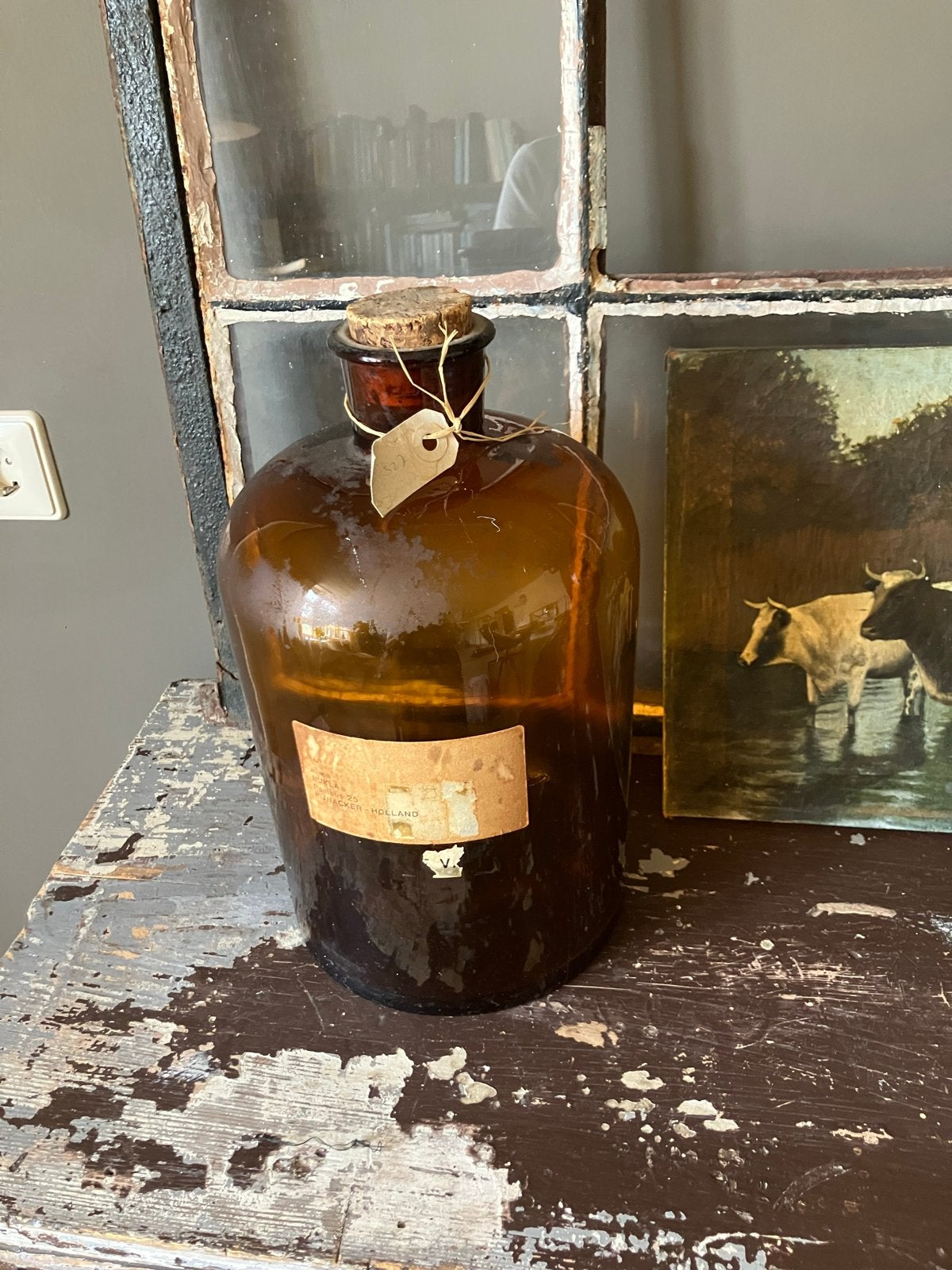 Antieke apothekersfles met kurk - Bruin glas, Ophalen of Verzenden