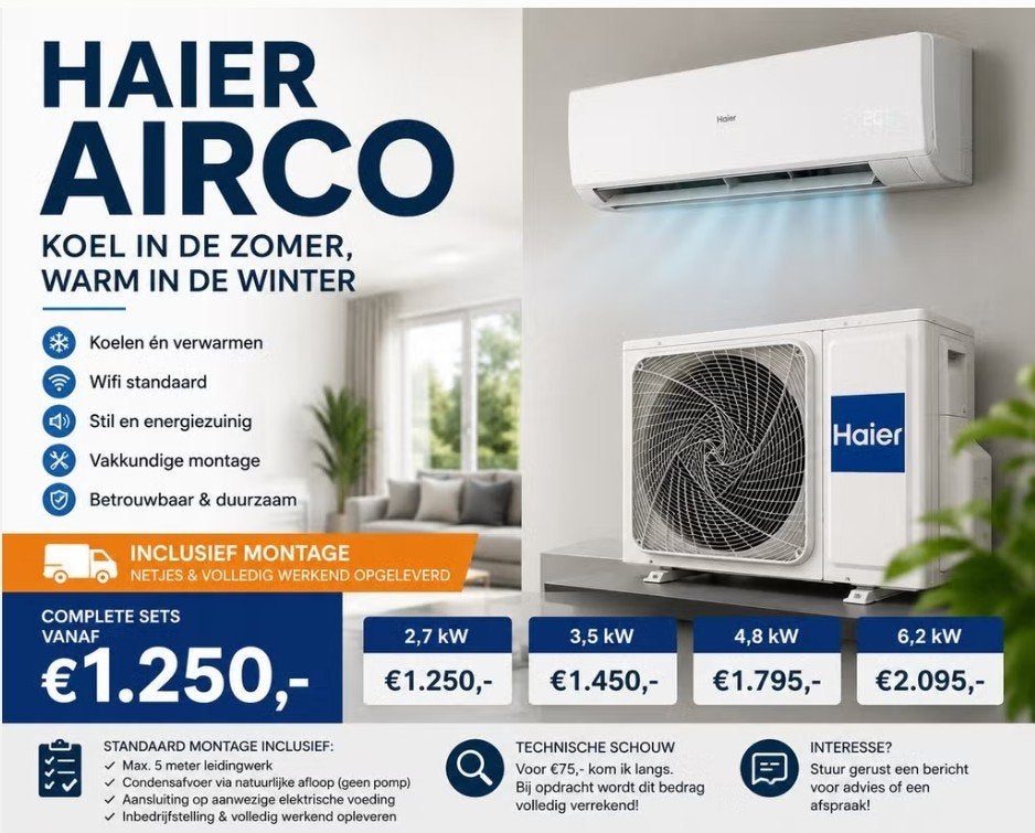 Haier Airco incl. Montage | Koelen & Verwarmen v.a. €1.250, Ophalen, Energieklasse A of zuiniger, Koelen en Ontvochtigen, Nieuw