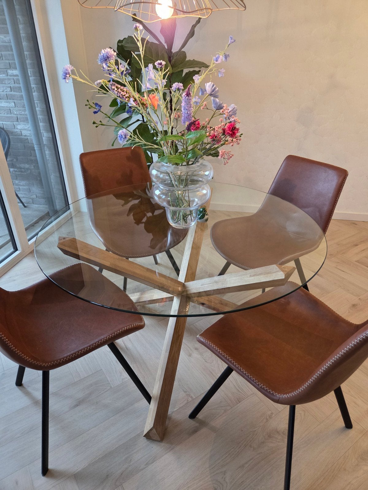 Ronde glazen eettafel met 4 stoelen, Huis en Inrichting, Ophalen, Rond, Glas, Vier personen