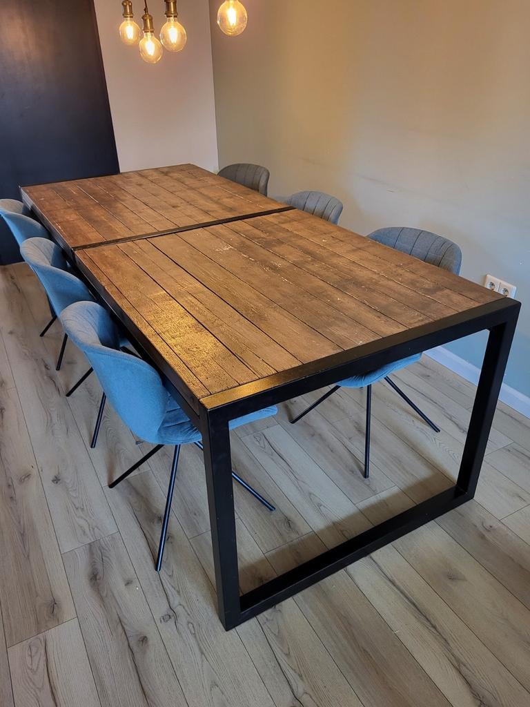 Robuuste eetkamertafel 240x100cm - Zwart metaal & hout, Huis en Inrichting, Tafels | Eettafels, Gebruikt, 100 tot 150 cm, 200 cm of meer