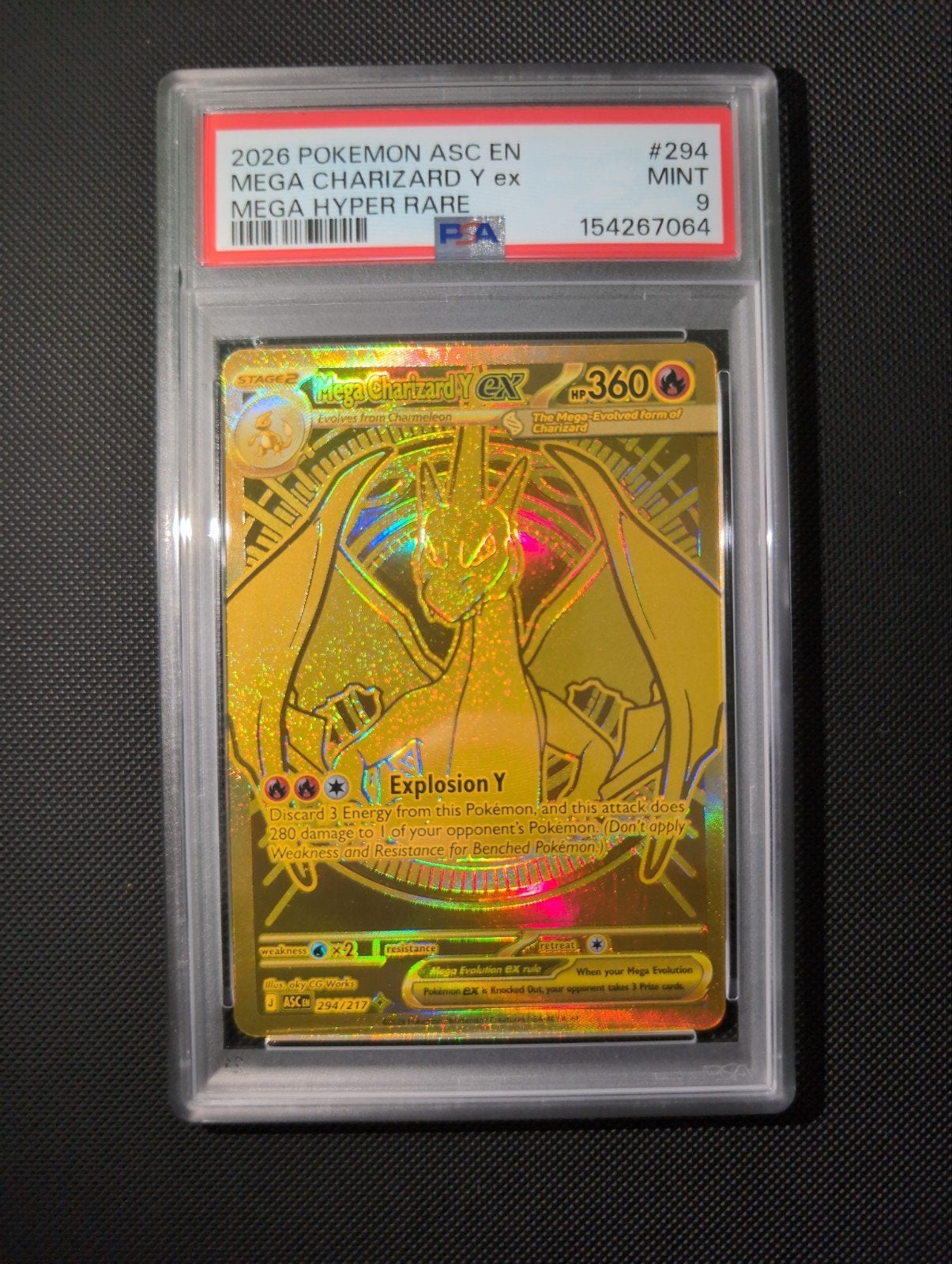 Mega Charizard y ex 294/217 gold psa 9 van ascended heroes, Ophalen, Zo goed als nieuw, Losse kaart, Foil