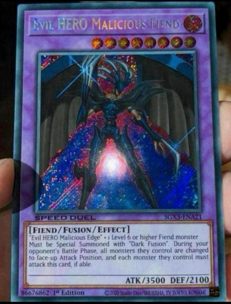 Yu-Gi-Oh! Evil HERO Malicious Fiend SGX3 1st Edition !, Ophalen of Verzenden, Zo goed als nieuw, Losse kaart, Foil