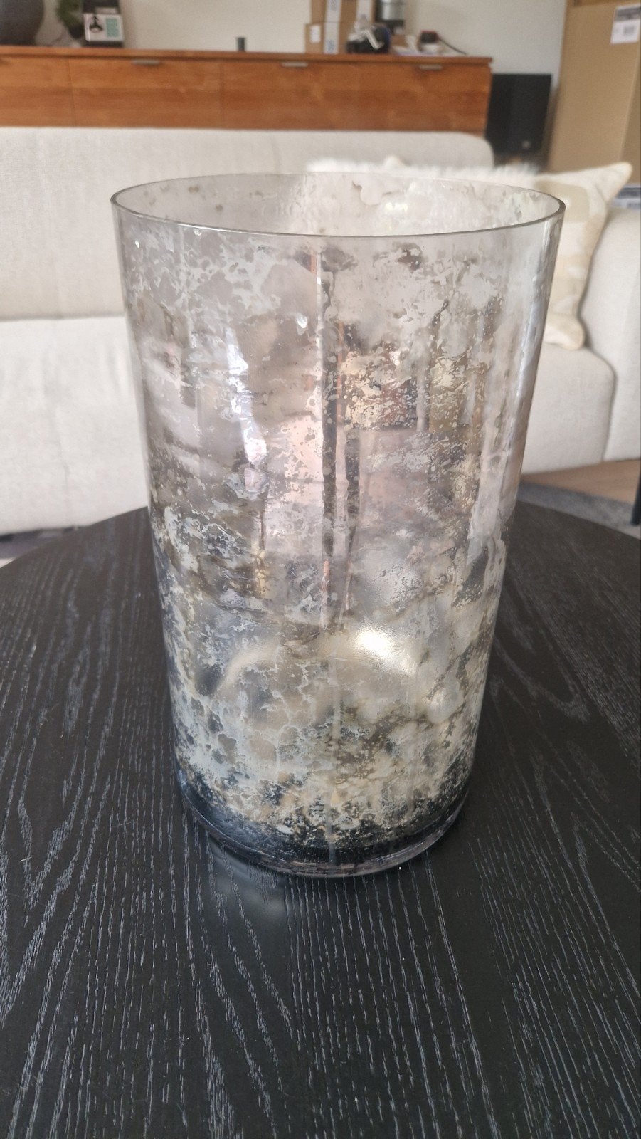 Grote glazen vaas/windlicht met zilveren finish (36cm hoog), Ophalen