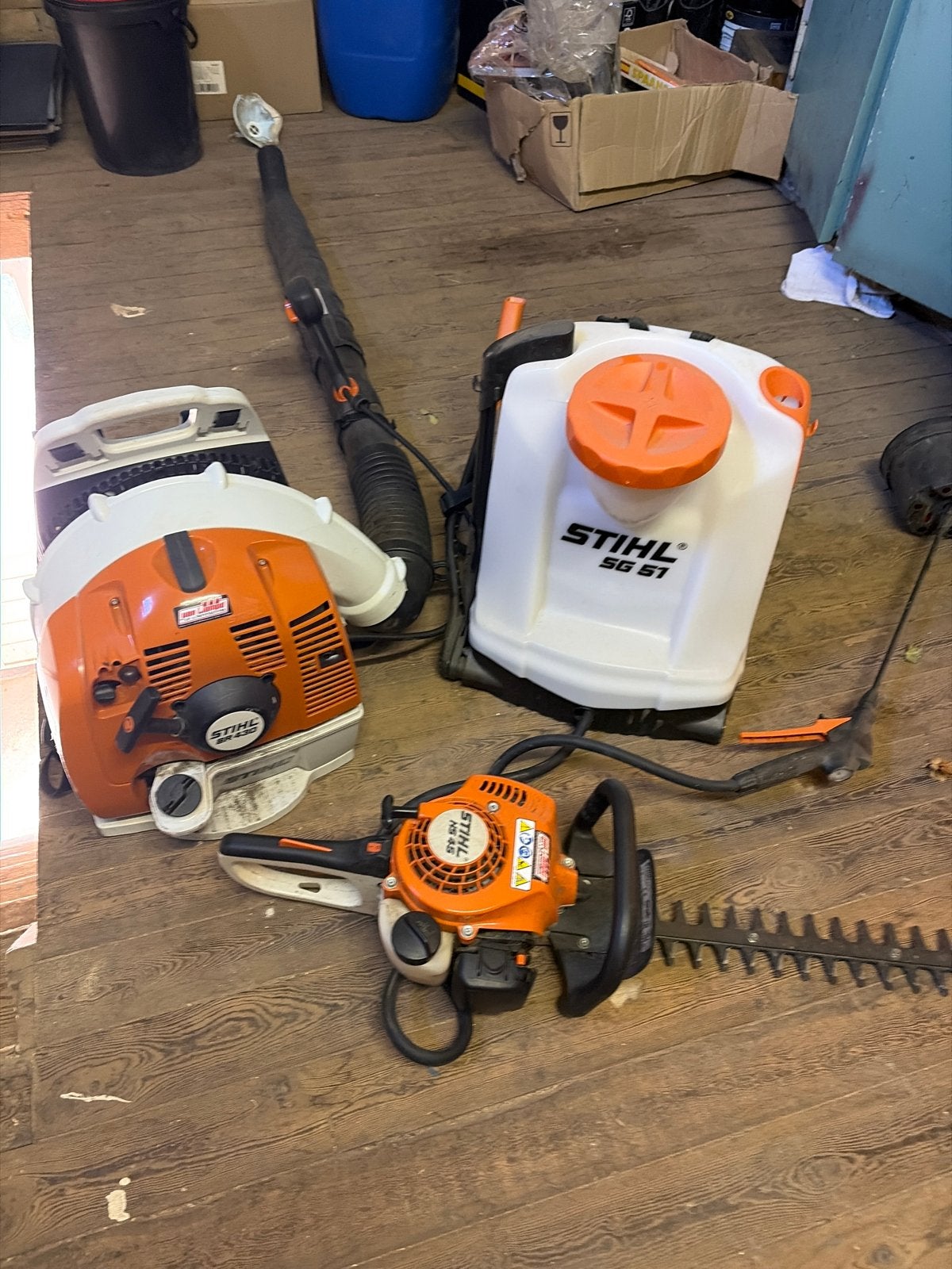 Stihl Bladblazer BR 430, Rugspuit SG 51, Heggenschaar HD 45, Ophalen, Gebruikt, Benzine