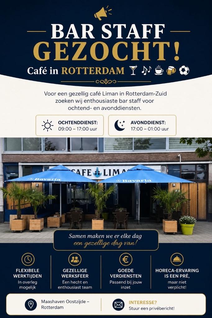 BAR STAFF GEZOCHT | Café in ROTTERDAM ️️, Vacatures, Starter, Overige vormen, Overige uren, Overige niveaus