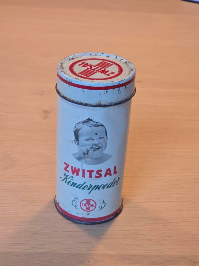 Mooi antiek zwitsal kinderpoeder blik met inhoud €8,50, Verzamelen, Ophalen of Verzenden, Gebruikt, Overige