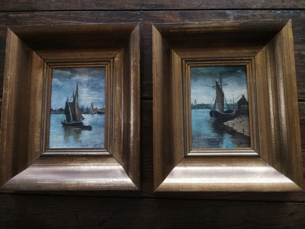 Twee marineschilderijtjes H. Verreyken 1907, Bijzondere lijst, Ophalen of Verzenden, Olieverf, Klassiek