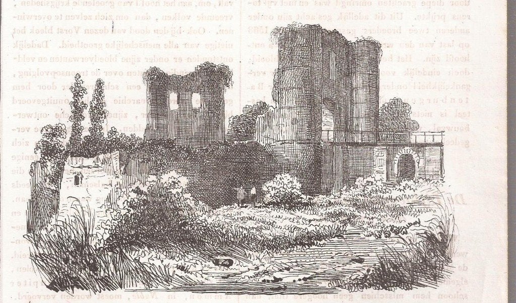 Batenburg. Ruïne van het slot Batenburg 1838 Houtgravure, 1800 - 1899, Ophalen of Verzenden, 13 cm, Origineel