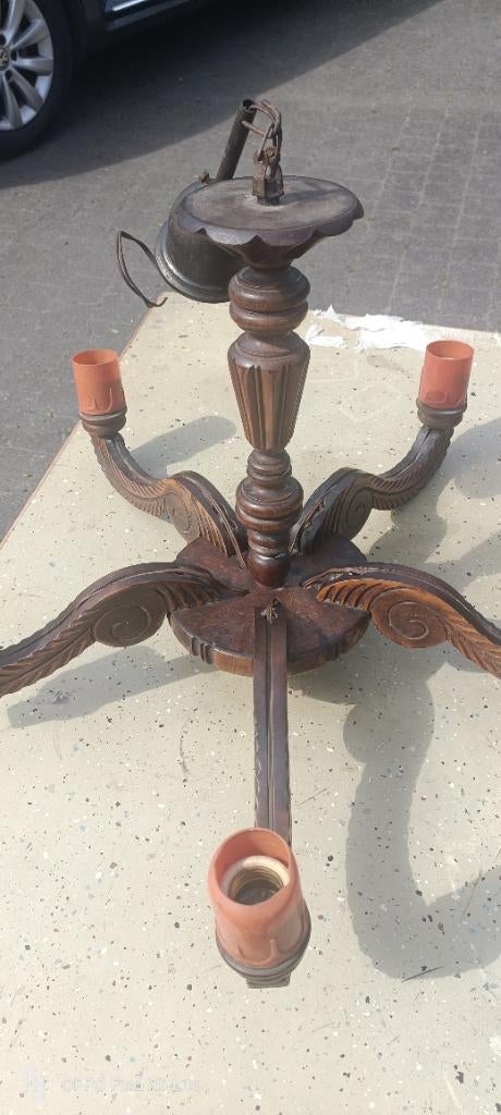 3 Kroonluchters koper en 1 vintage houten luchter, Huis en Inrichting, Lampen | Kroonluchters, Ophalen, Gebruikt, Overige materialen