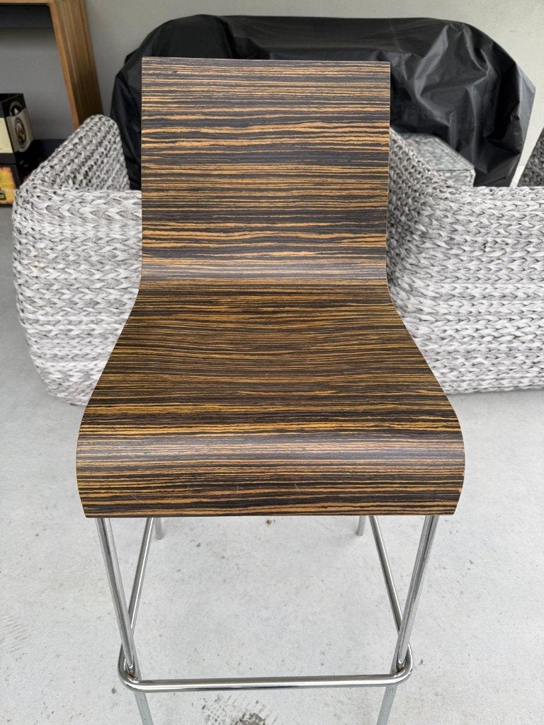 8 Billiani barkrukken – stapelbaar – zebrano houtmotief, Ophalen, Met voetsteun, 60 tot 90 cm, Hout