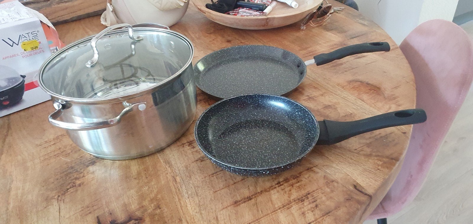 Pannenset: Kookpan, Koekenpan, Pannenkoekenpan, Huis en Inrichting, Keuken | Potten en Pannen, Ophalen, Gebruikt, Met deksel, Pannenset
