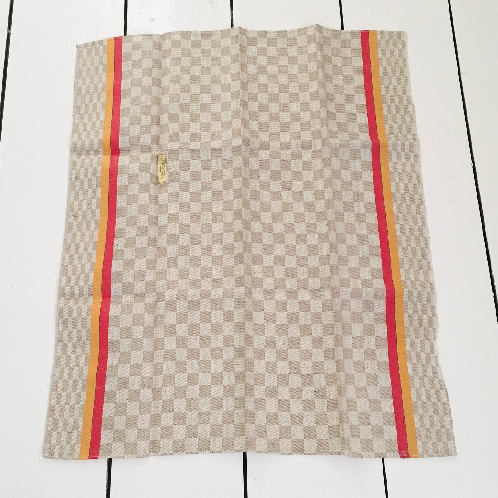 Nieuwe beige geblokte Franse theedoek, oranje + rode strepen, Linnen, Overige merken, Beige, Nieuw