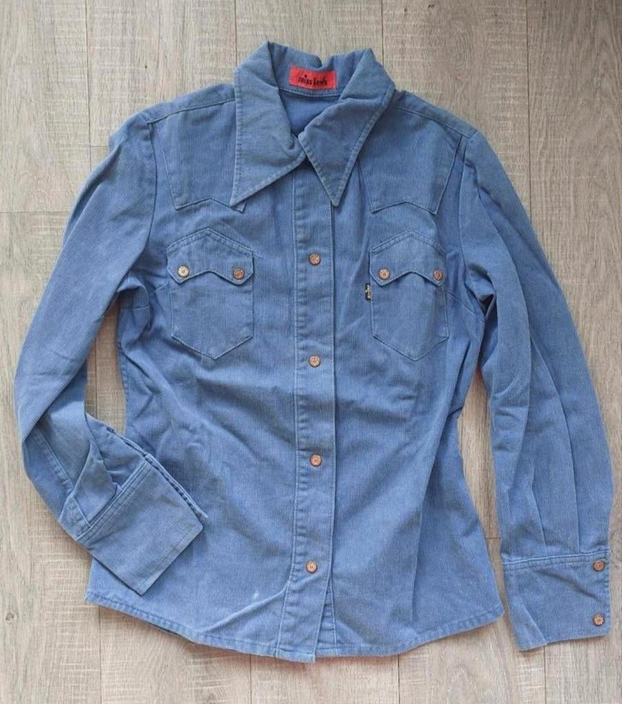 Vintage 60s/70s rare Miss Levis corduroy western shirt, Blauw, Halswijdte 38 (S) of kleiner, Ophalen of Verzenden, Gedragen