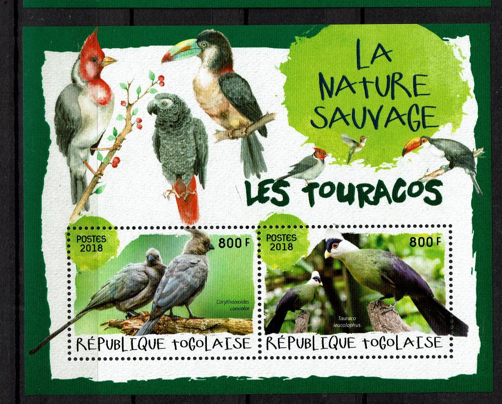 TOGO 2018 PF BLOK TOERAKO TOURACO VOGELS BIRDS 4, Ophalen of Verzenden, Dier of Natuur