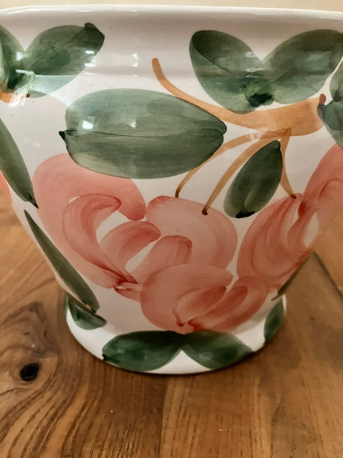 Prachtige bloempot groen, roze motief. In zeer goede staat!, Ophalen, Overige materialen, Minder dan 30 cm, Rond