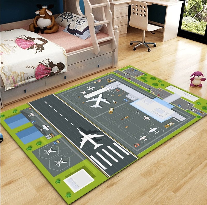 Vliegveld Vloerkleed Kinderkamer / Kleed Vloermat Vliegtuig, Verzenden, Nieuw, Rechthoekig, 100 tot 150 cm