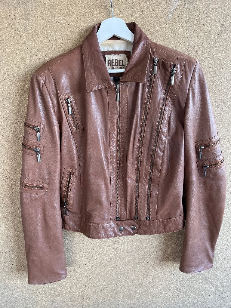 Rino & Pelle dames leren bikerjack bruin maat L, Maat 38/40 (M), Bruin, Verzenden, Zo goed als nieuw