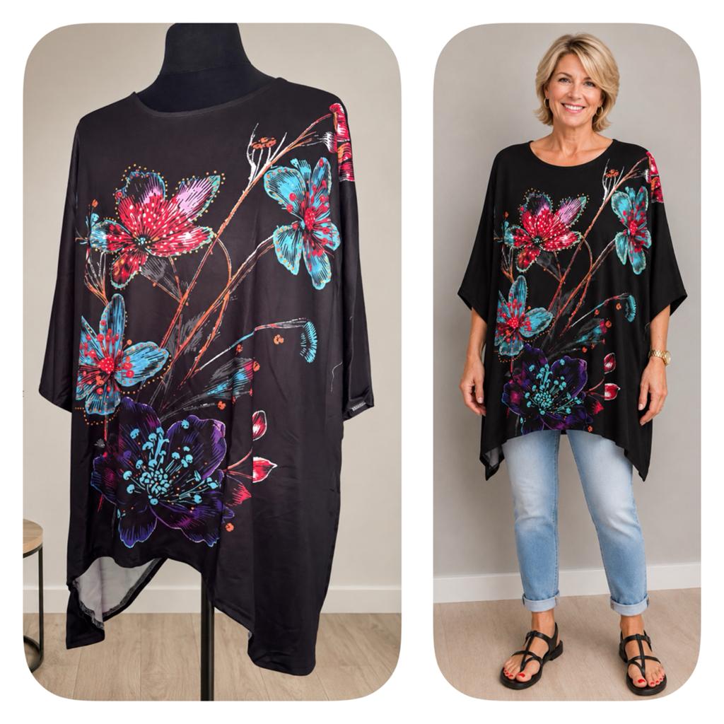 Zwarte Tuniek met Kleurrijke Bloemenprint, Ophalen of Verzenden, Nieuw, Zwart, Blouse of Tuniek