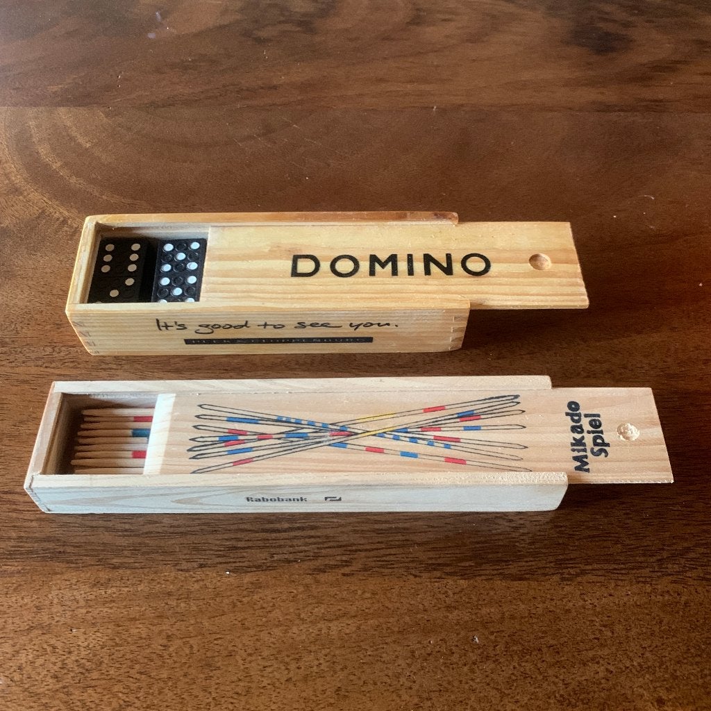 Domino en Mikado Spelset in Houten Doosjes, Hobby en Vrije tijd, Ophalen of Verzenden, Zo goed als nieuw