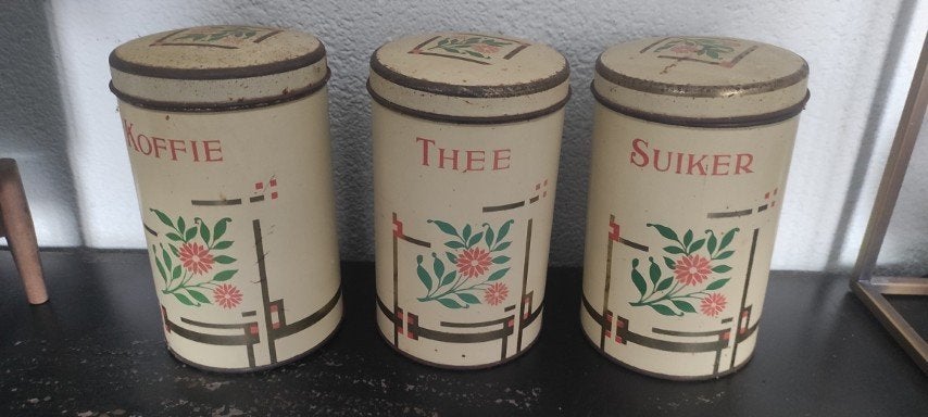 Vintage blikken koffie thee suiker beige bloemen 3x, Ophalen of Verzenden, Gebruikt, Koffie, Overige merken