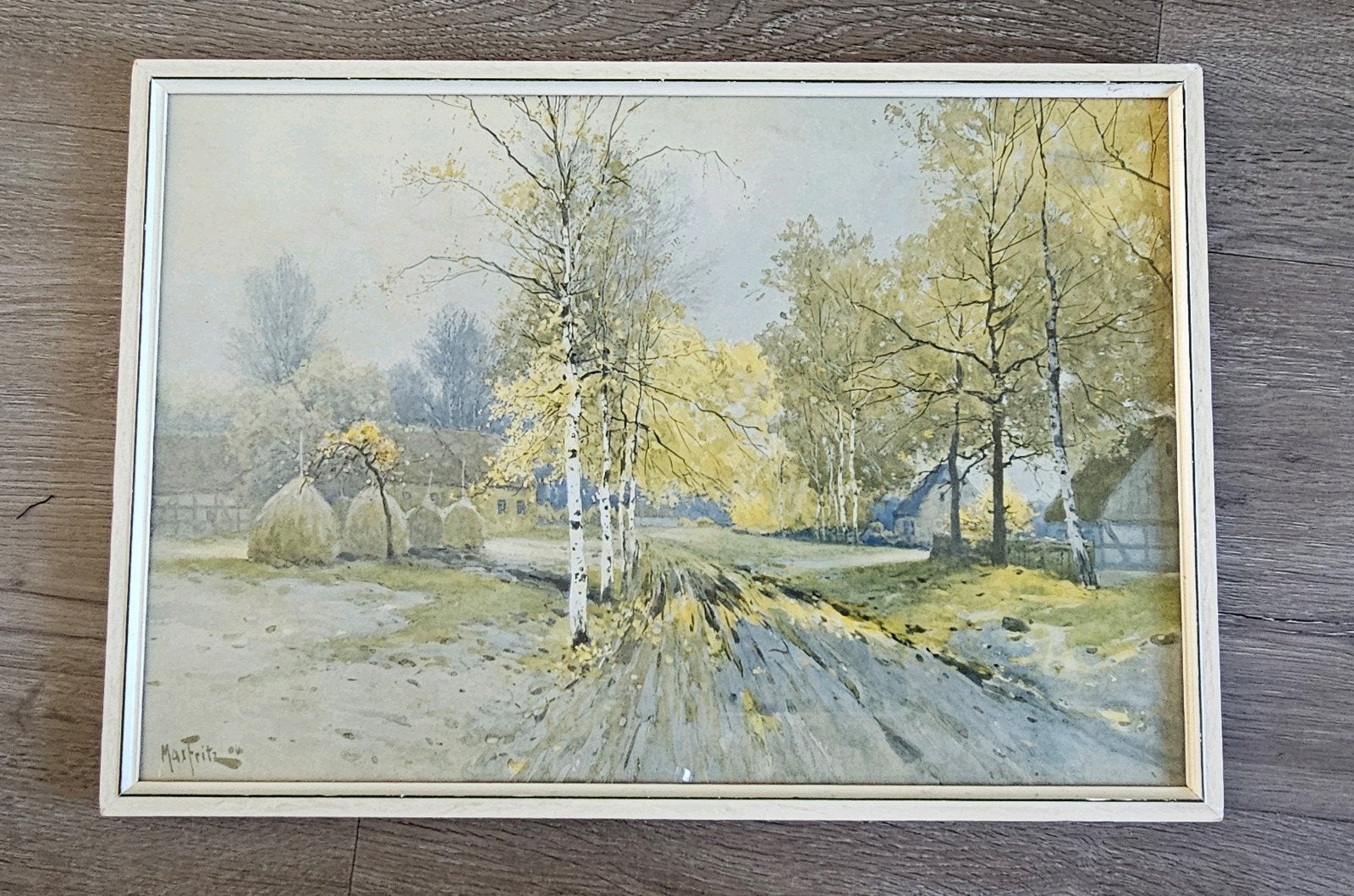 Vintage Aquarel Landschap Schilderij - Kunsthandel Hefti, Ingelijst, Realistisch, Ophalen of Verzenden, Landschap