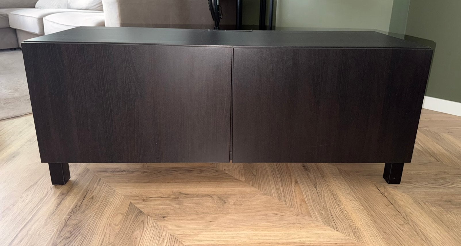 Donkerbruin/zwart eiken tv meubel besta ikea, Ophalen, 100 tot 150 cm, Zo goed als nieuw, Minder dan 100 cm