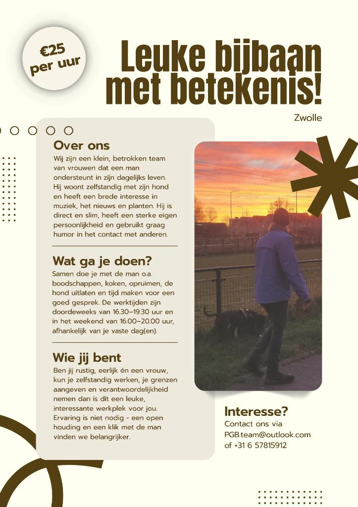 Ondersteun gezellige man in Zwolle, Vacatures, Vacatures | Maatschappelijke dienstverlening, Starter, Overige vormen, HBO, Geschikt als bijbaan