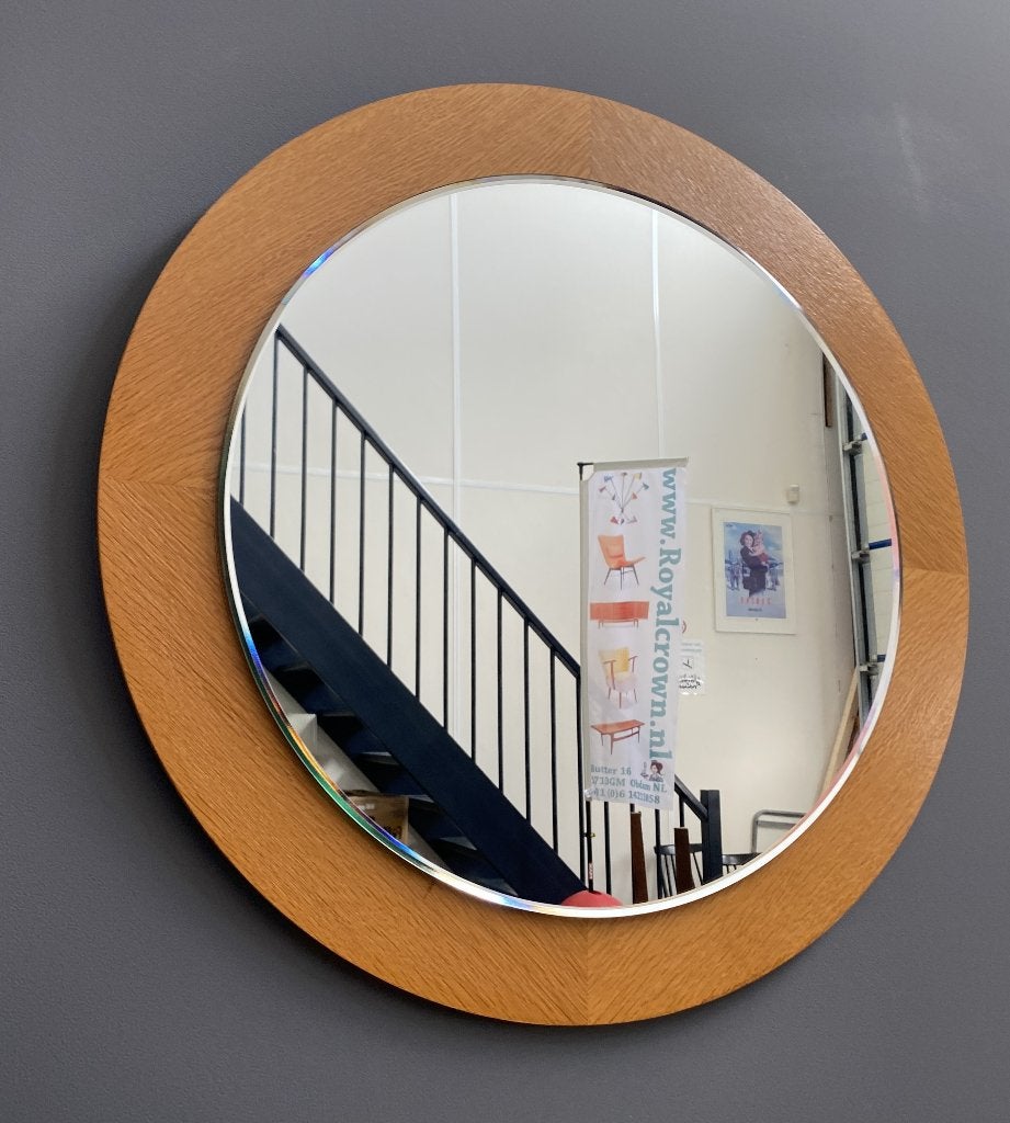 60 jaren  ronde spiegel op ronde LICHT hout achterwand, Gebruikt, Rond, Ophalen of Verzenden, Minder dan 100 cm
