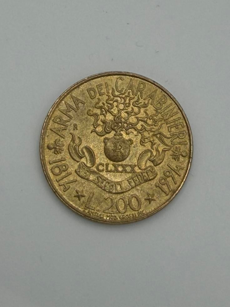 Italië 200 Lire 1994 – Carabinieri herdenkingsmunt, Ophalen of Verzenden, Italië
