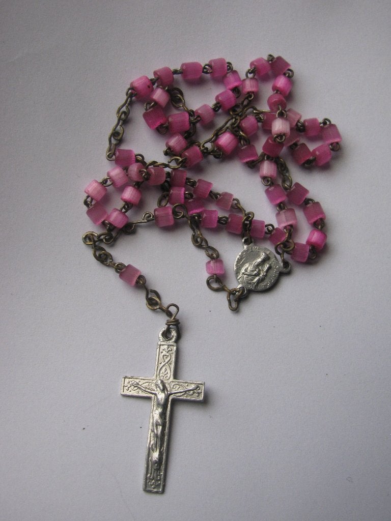 Franse Rozenkrans met Roze Kralen - 34.5 cm, Verzenden, Gebruikt, Sieraad, Christendom | Katholiek