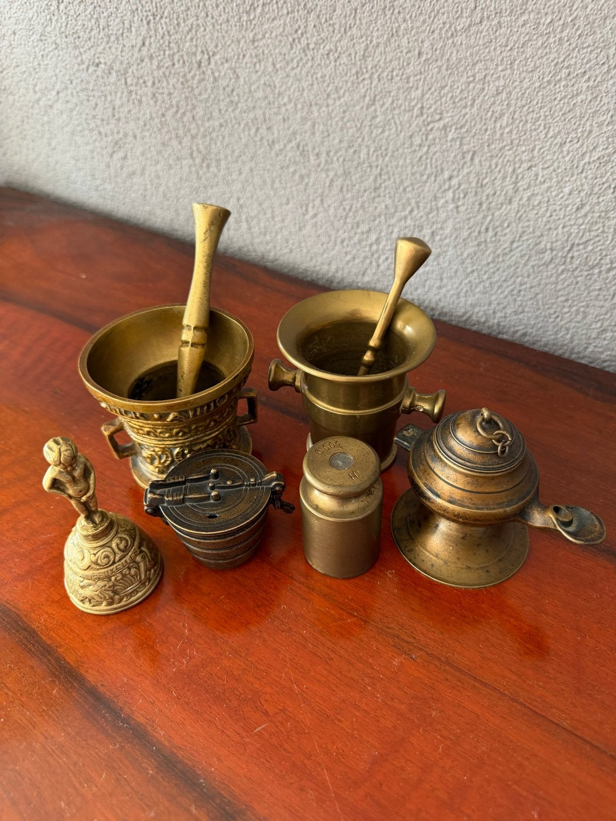 Antieke Miniatuur Koperen Set: Vijzels, Bel & Meer, Antiek en Kunst, Antiek | Overige Antiek, Ophalen