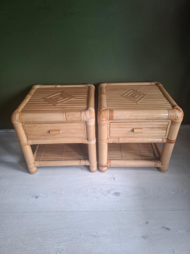 Vintage Bamboe Rotan Nachtkastjes - Jaren '70, Huis en Inrichting, Slaapkamer | Nachtkastjes, Overige materialen, Gebruikt, Minder dan 45 cm