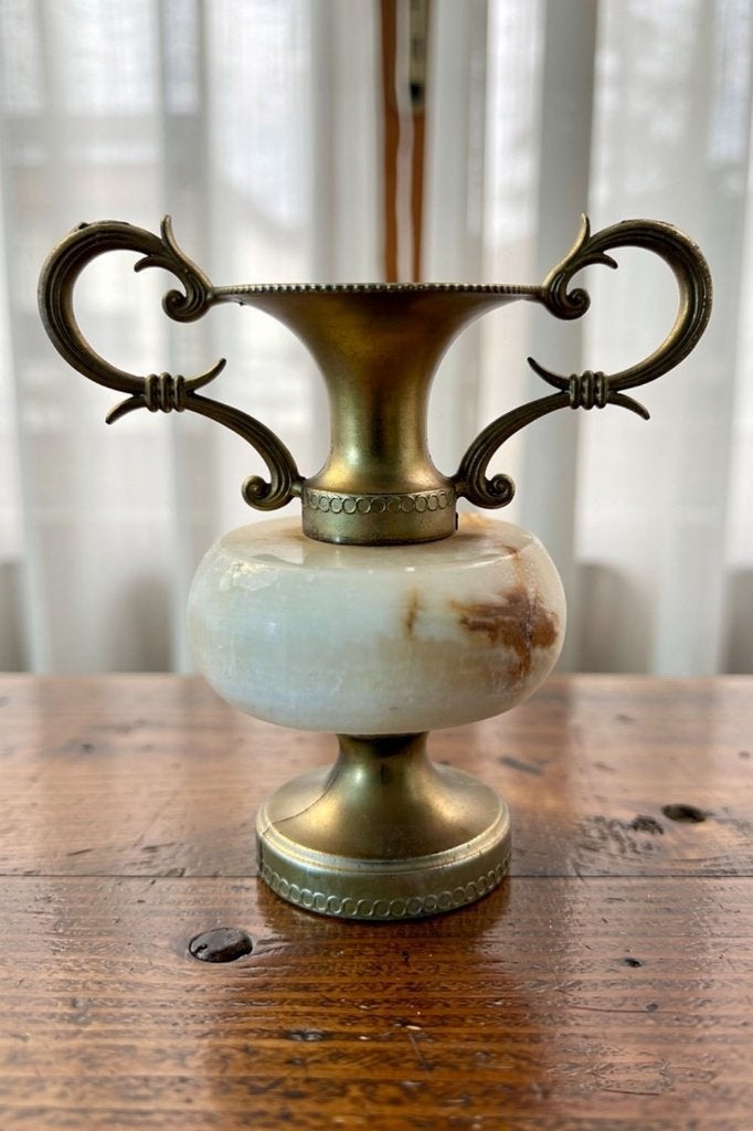 Vintage amfora gemaakt van natuurlijke onyxsteen en messing, Ophalen of Verzenden