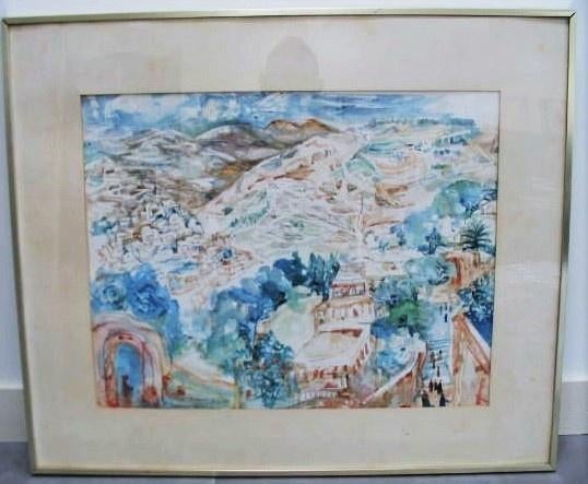Grote aquarel van Israëlische kunstenaar A.Yakin, 54 x 43 cm, Ophalen of Verzenden