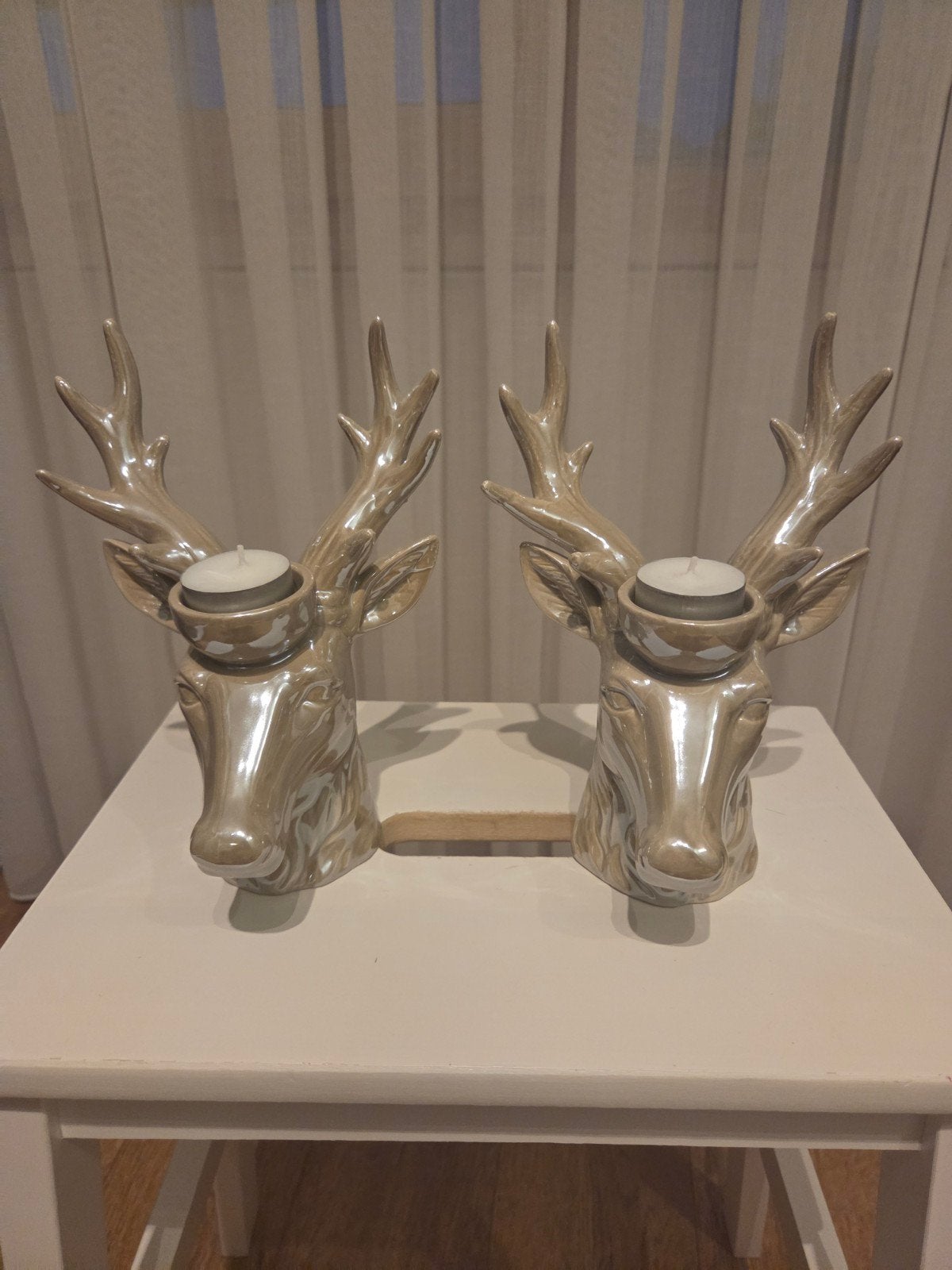 Set van 2 herten kandelaars - Kerst decoratie, Ophalen, Beige, Zo goed als nieuw, Steen/keramiek
