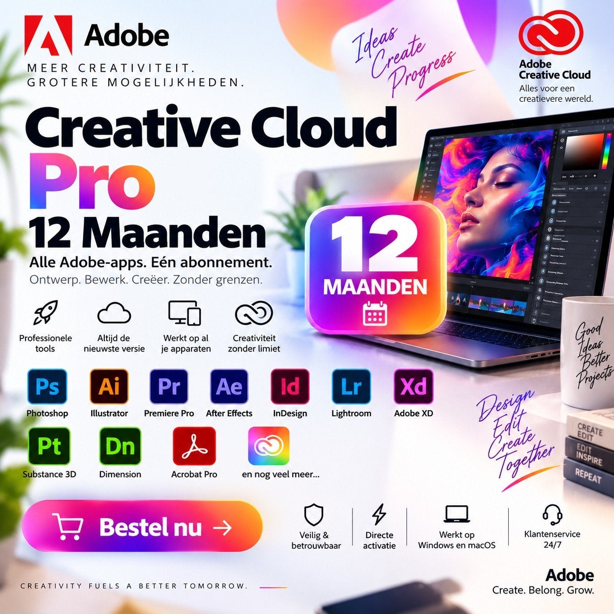 Adobe Creative Cloud - 12 maanden abonnement, Computers en Software, Ophalen of Verzenden, Nieuw, MacOS