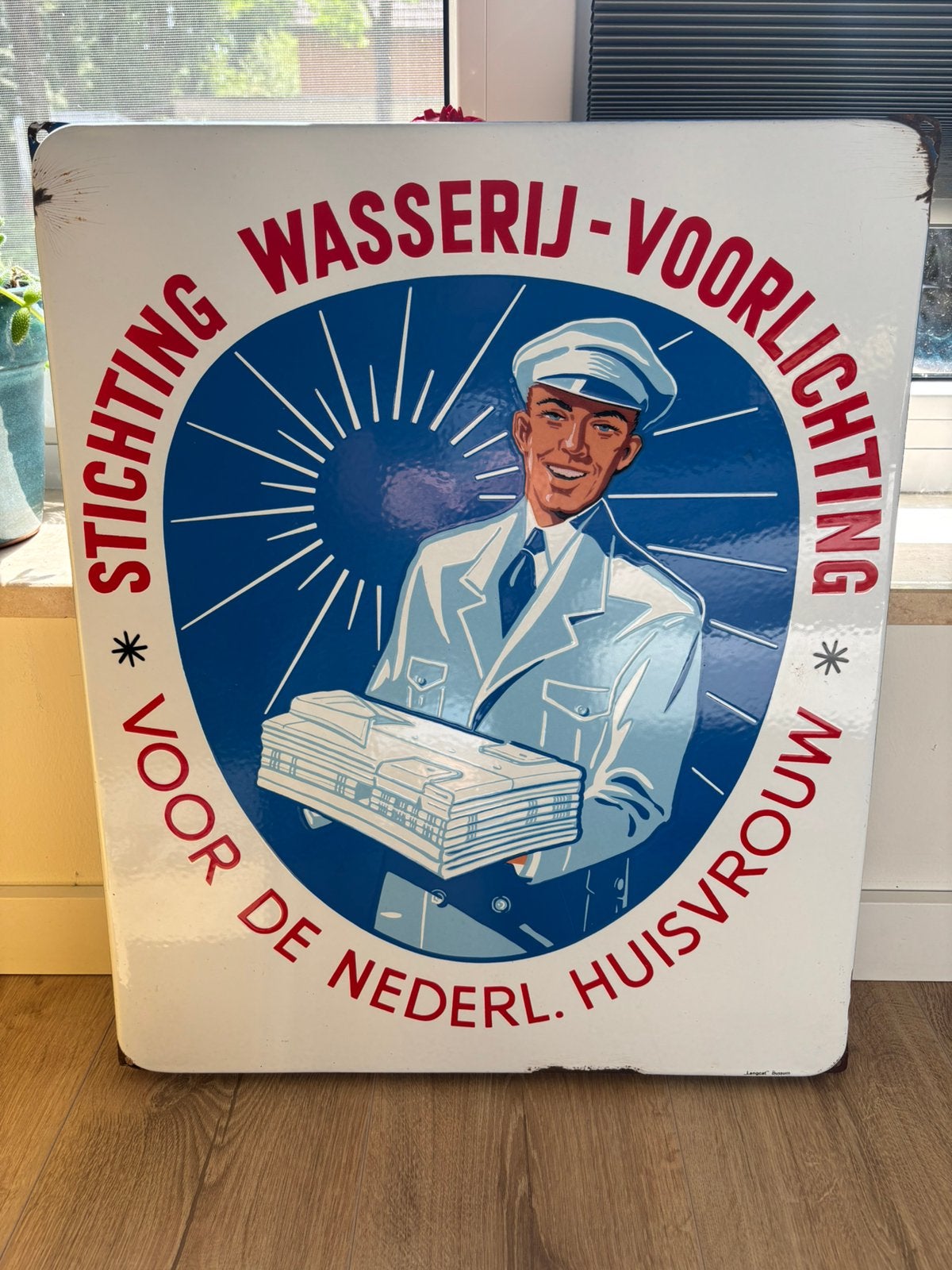 Emaille reclamebord Wasserij voorlichting - Langcat Bussum, Ophalen of Verzenden, Gebruikt, Reclamebord