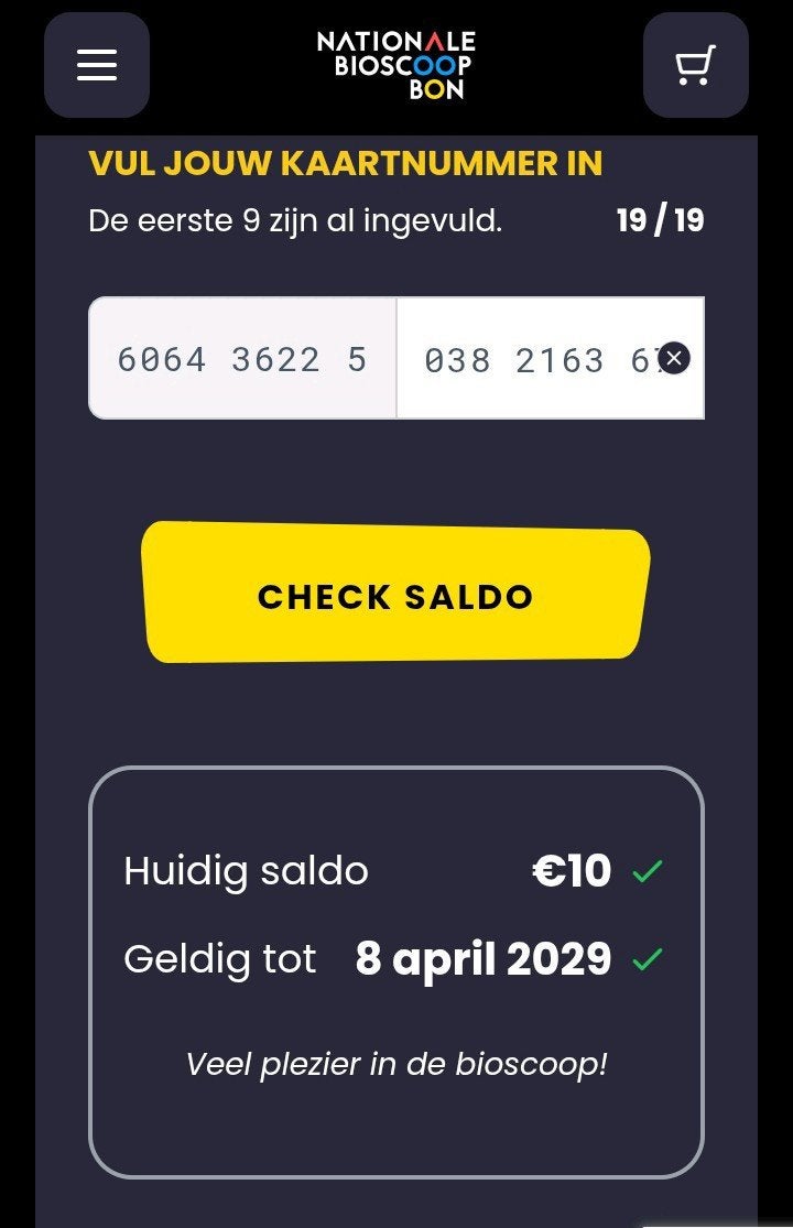 Bioscoopbon €10, Tickets en Kaartjes, Kortingen en Cadeaubonnen, Twee personen, Cadeaubon