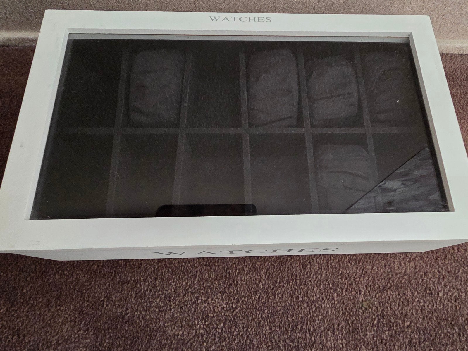 Witte horlogebox met glazen deksel voor 10 horloges, Ophalen of Verzenden, Gebruikt