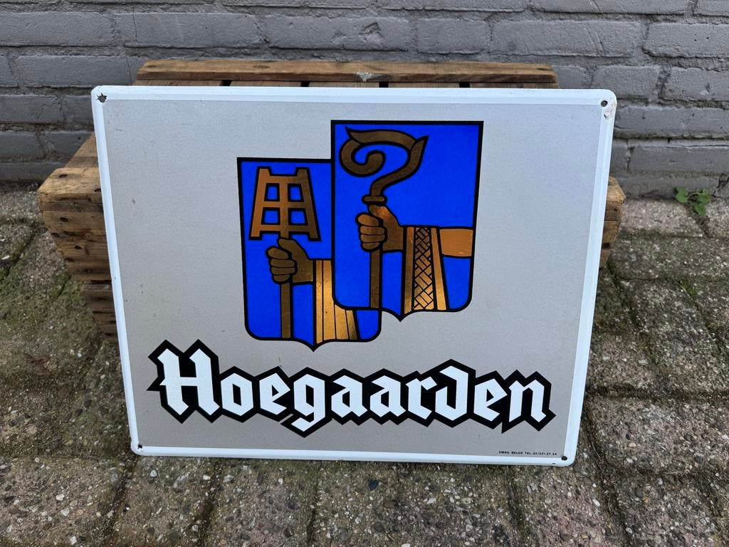 Vintage Hoegaarden reclamebord - Email Belgisch, Reclamebord, Gebruikt, ., Ophalen of Verzenden