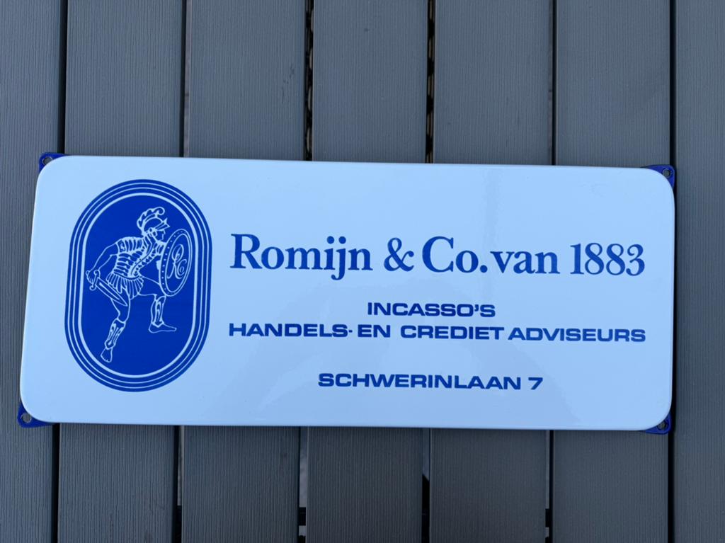 Romijn & Co emaille reclamebord, Reclamebord, I, Ophalen of Verzenden, Zo goed als nieuw