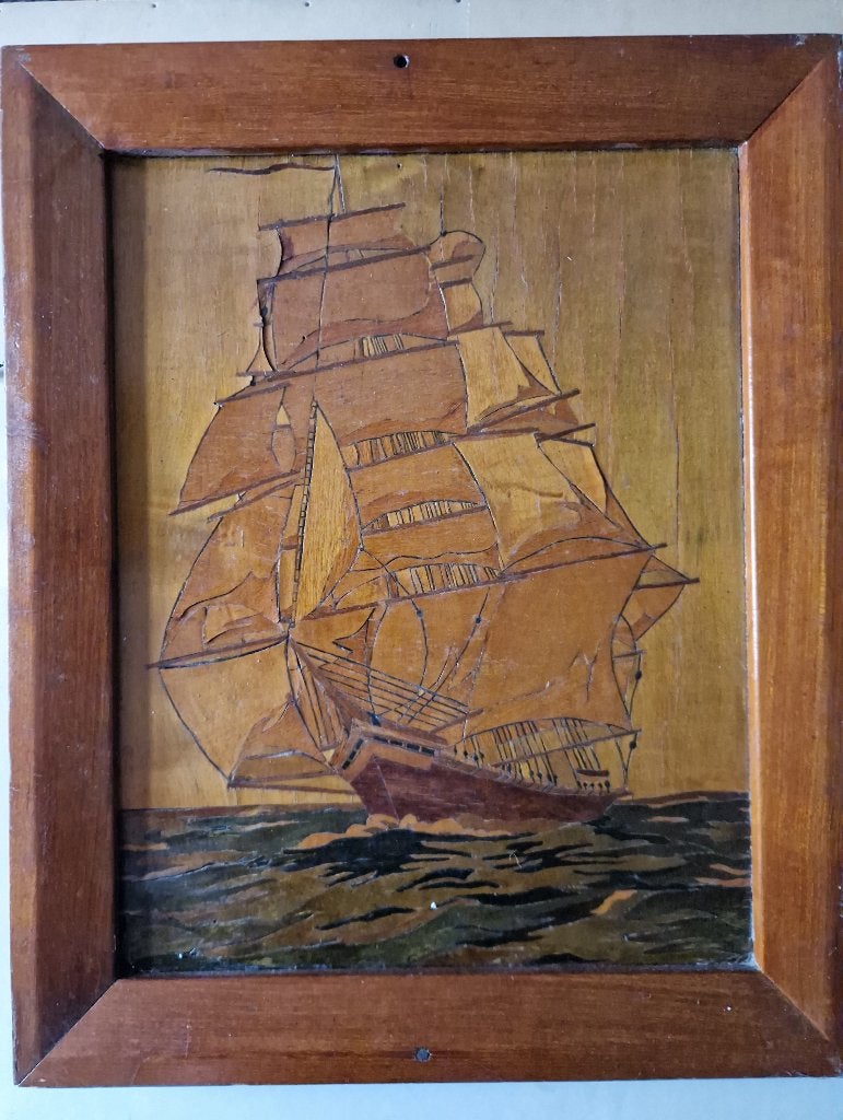 Vintage Wandpaneel Zeilschip – Houtinlegwerk (43x53 cm), Ophalen of Verzenden