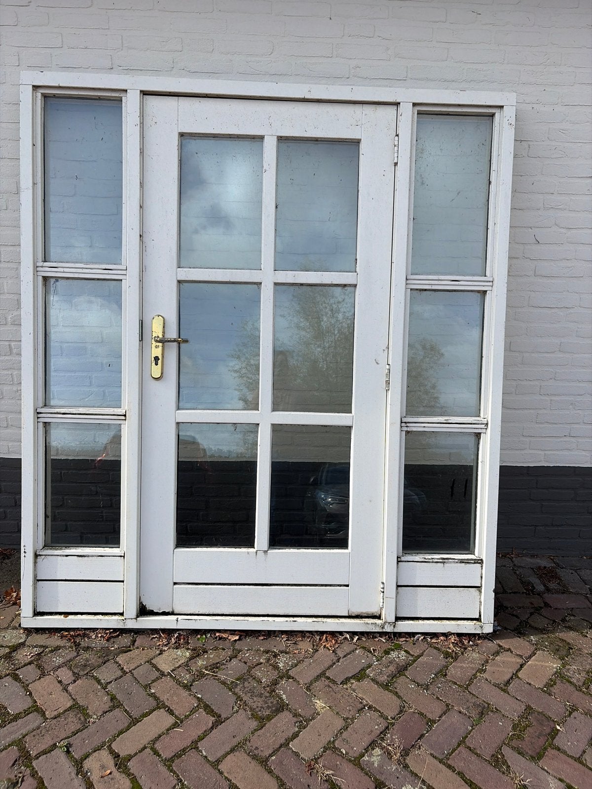 Witte houten buitendeur met glas en zijpanelen, Gebruikt, 120 cm of meer, Ophalen of Verzenden, Buitendeur