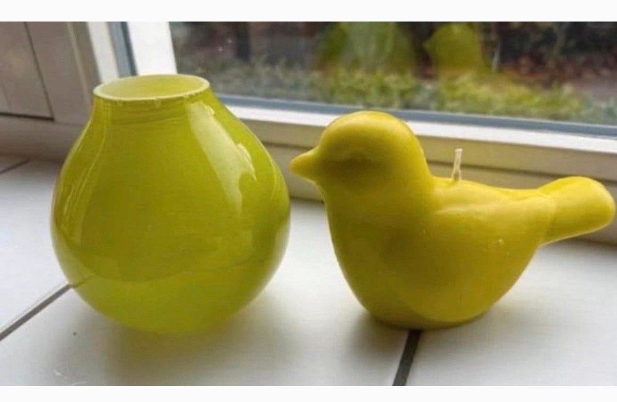 Kaarsje in vogelvorm en vaasje, appelgroen, Overige materialen, Gebruikt, Inclusief decoratie, Ophalen of Verzenden