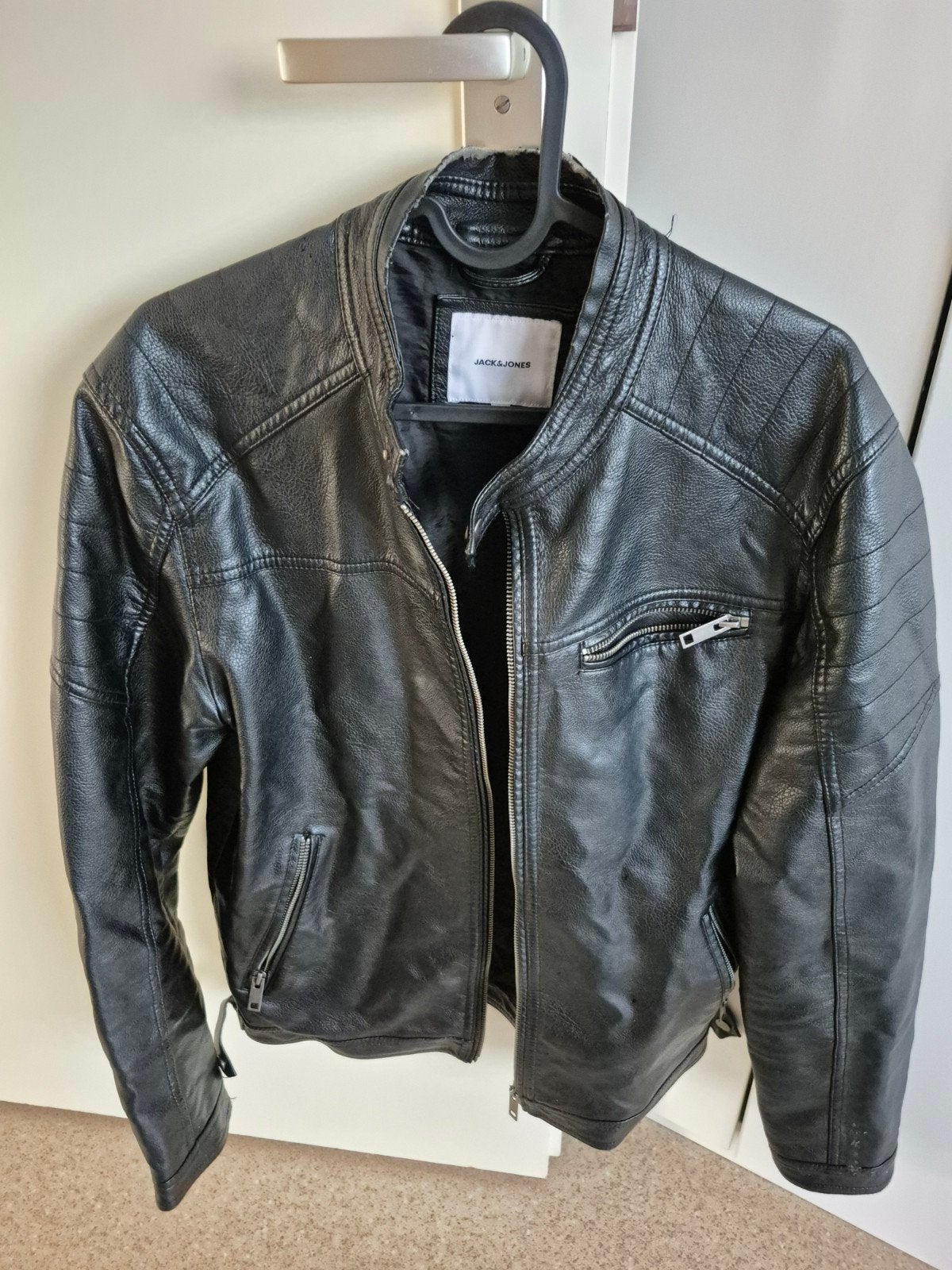 Jack & Jones Zwart Leren Jas Maat L, Maat 52/54 (L), Zwart, Ophalen of Verzenden, Gedragen