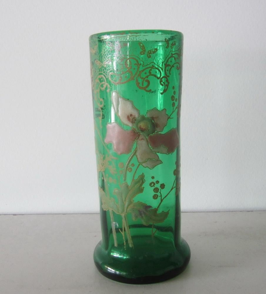 Kleine antieke art nouveau Legras vaas, emaille bloemen, Antiek en Kunst, Antiek | Glas en Kristal, Verzenden