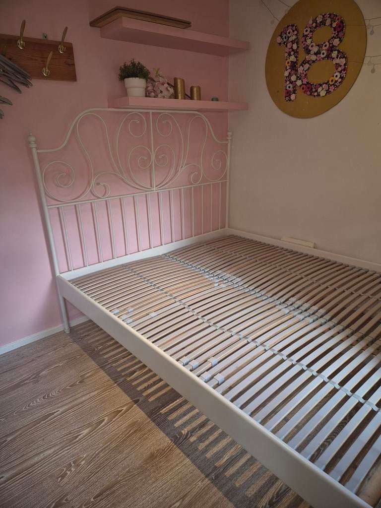 Ikea bed leirvik spijlenbed 160x200cm wit 2 lattenbodems, Gebruikt, Wit, Tweepersoons, Ophalen of Verzenden